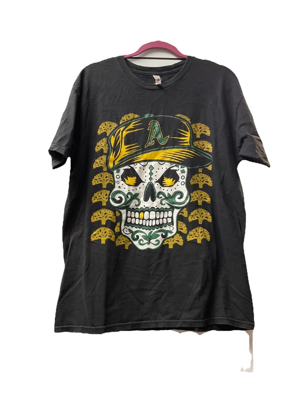 VTG Y2K Oakland A's Shirt Mens L Black Sugar Skull BB Day Of The Dead Tee G62